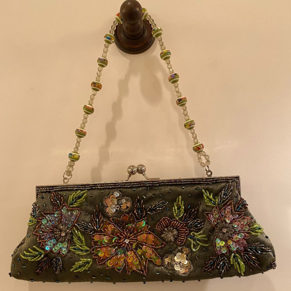Green and floral bead and sequin evening bag